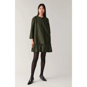 COS Frilled A-Line Dress Long Sleeve Front Zip  Green-4